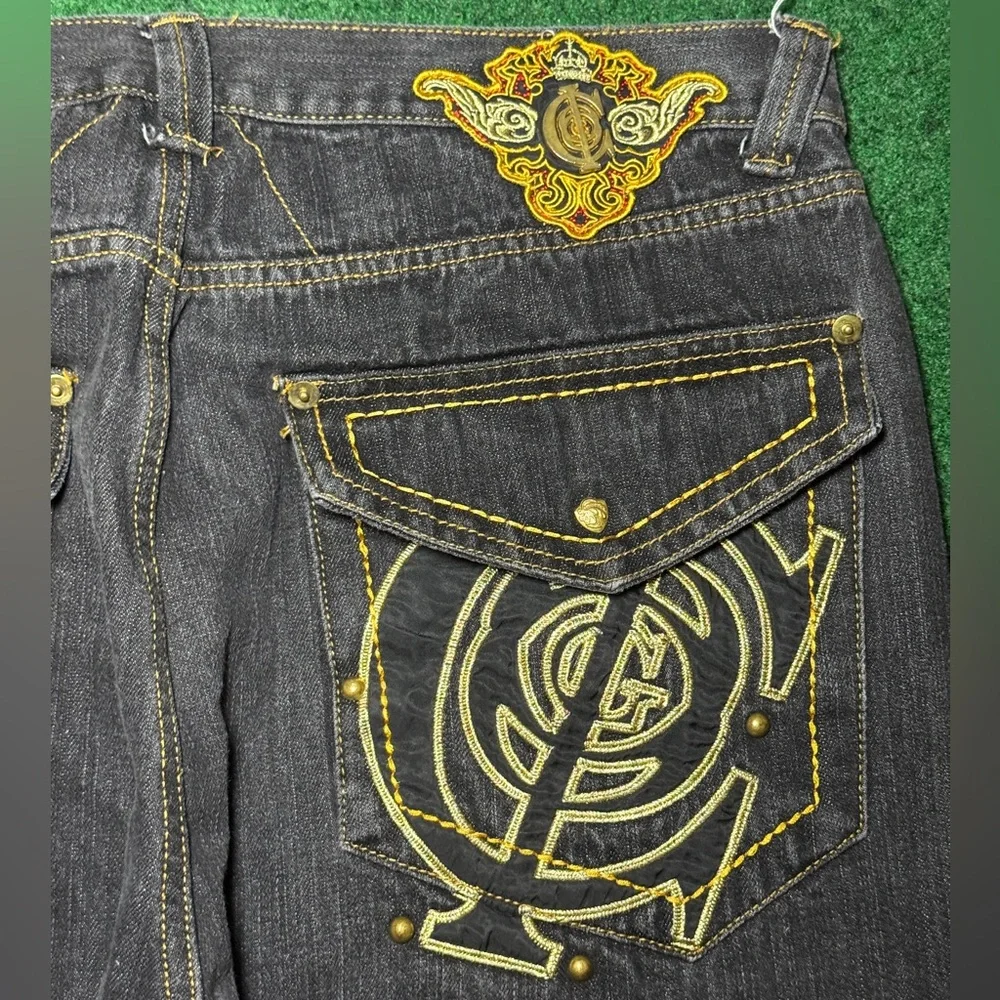 Vintage Y2K Coogi Baggy Hip Hop Embroidered Gold Black 40x32 Denim Jeans